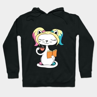 Cute Cat Enjoying Coffee and Reading Book Hoodie